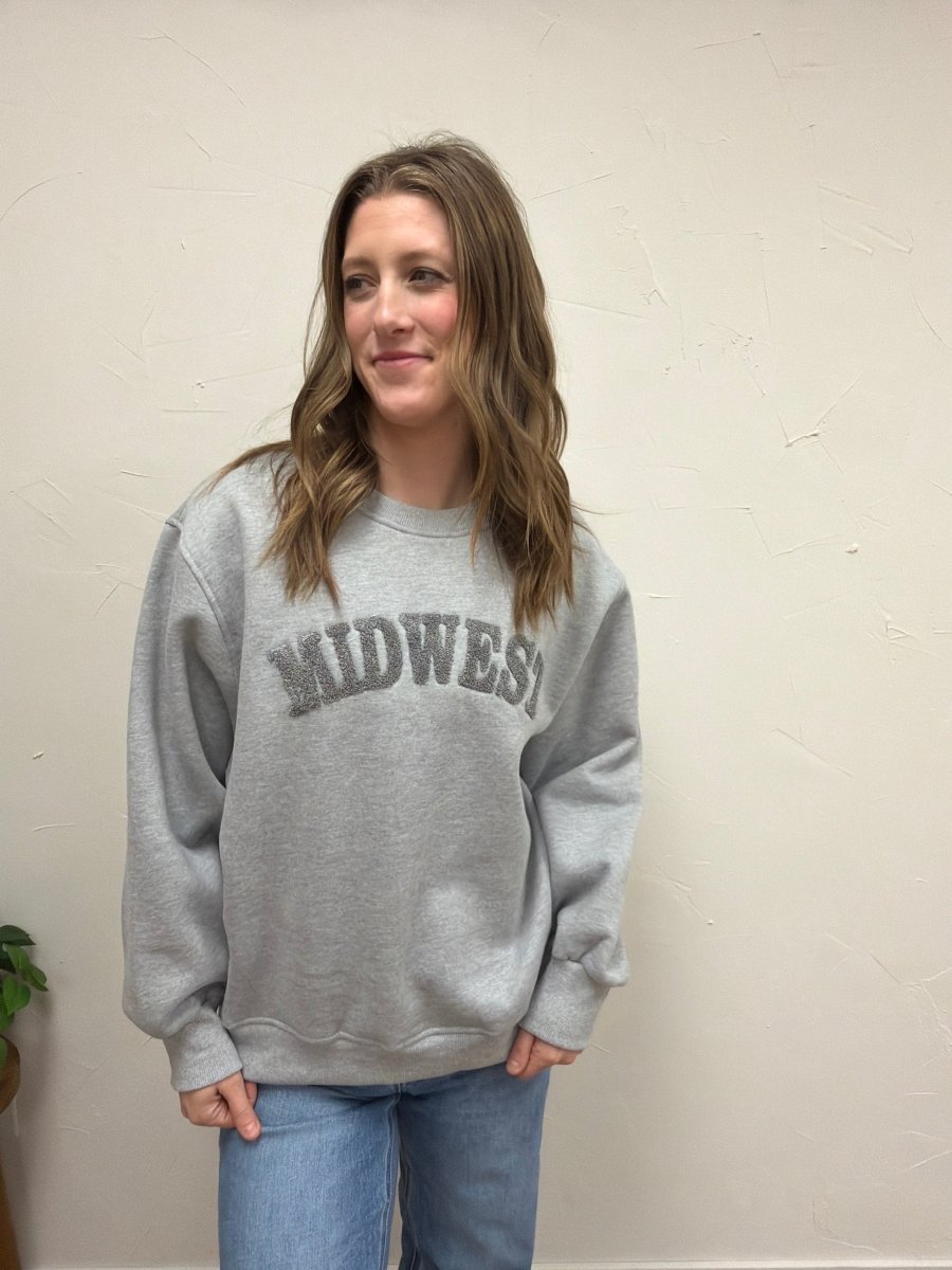 Front view of gray Midwest Sweatshirt on model with relaxed fit — Three:Twelve Boutique