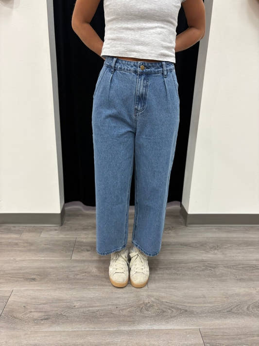 Mini Pleat Front Relaxed Denim Pants - Three:Twelve Boutique - Three:Twelve
