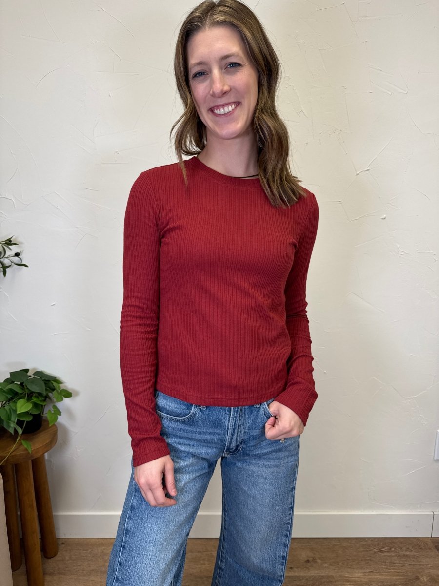 Front view of model wearing Minnie fitted long sleeve top — Three:Twelve Boutique