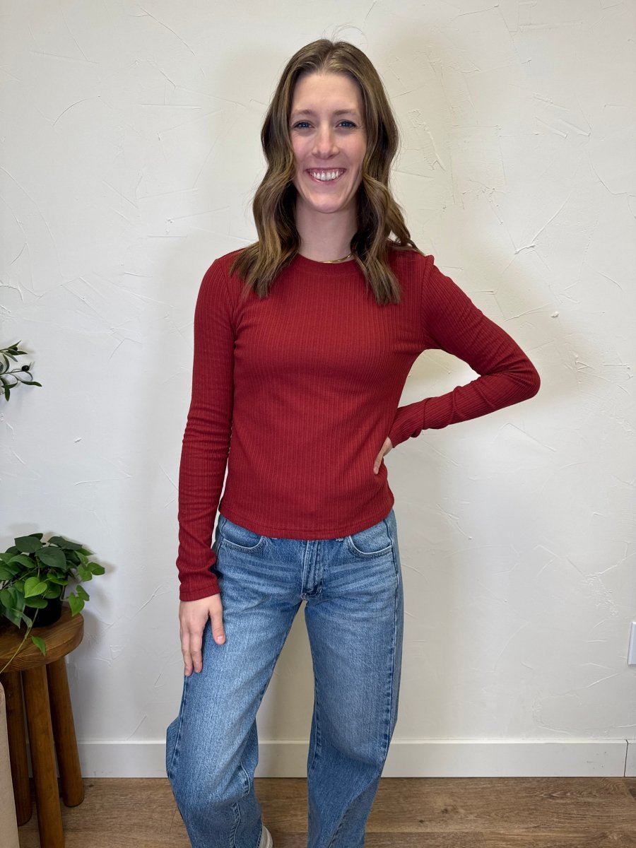 Front view of model wearing Minnie fitted long sleeve top — Three:Twelve Boutique