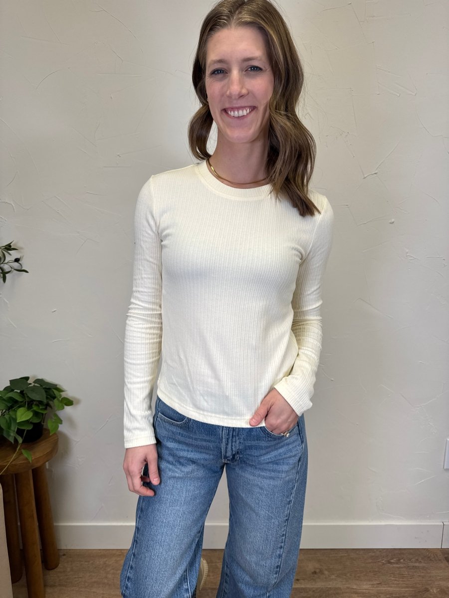 Front view of model wearing Minnie fitted long sleeve top — Three:Twelve Boutique