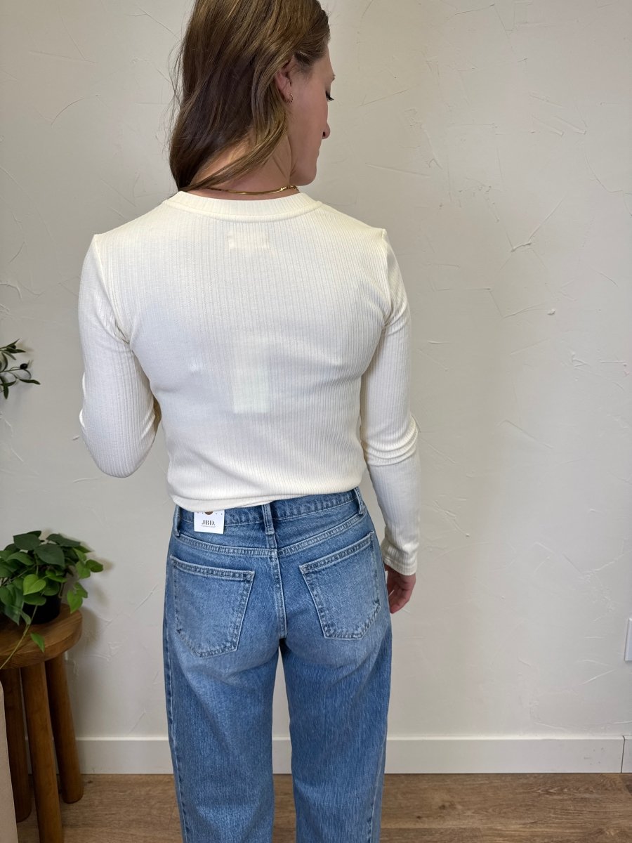 Back view of Minnie long sleeve top on model showing fitted silhouette — Three:Twelve Boutique