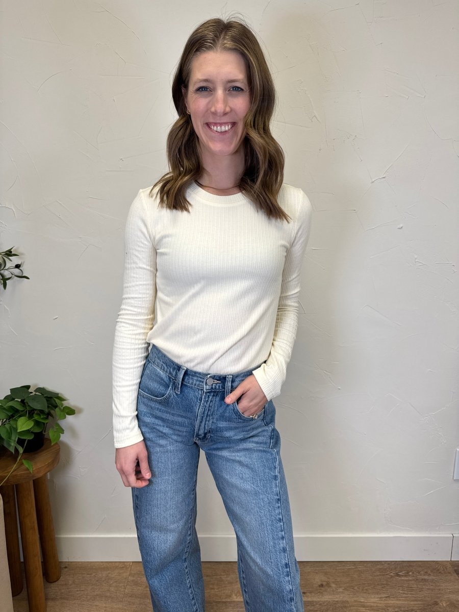 Front view of model wearing Minnie fitted long sleeve top — Three:Twelve Boutique