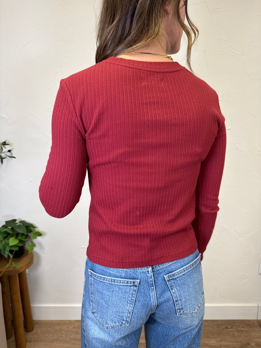 Back view of Minnie long sleeve top on model showing fitted silhouette — Three:Twelve Boutique