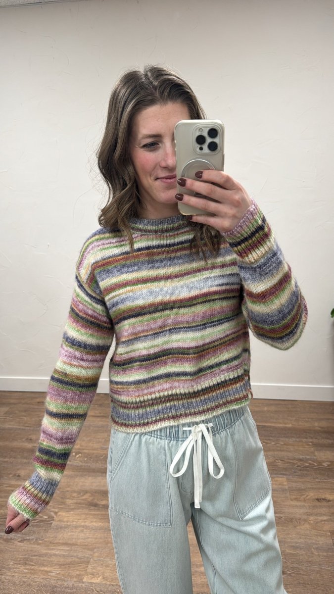 Front view of Mix Stripe Crop Sweater on model showing cropped fit and stripe pattern — Three:Twelve Boutique