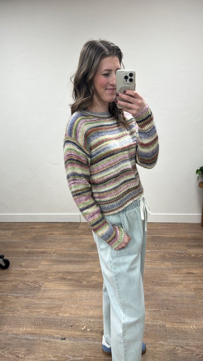 Side view of Mix Stripe Crop Sweater showing cropped length and relaxed fit — Three:Twelve Boutique