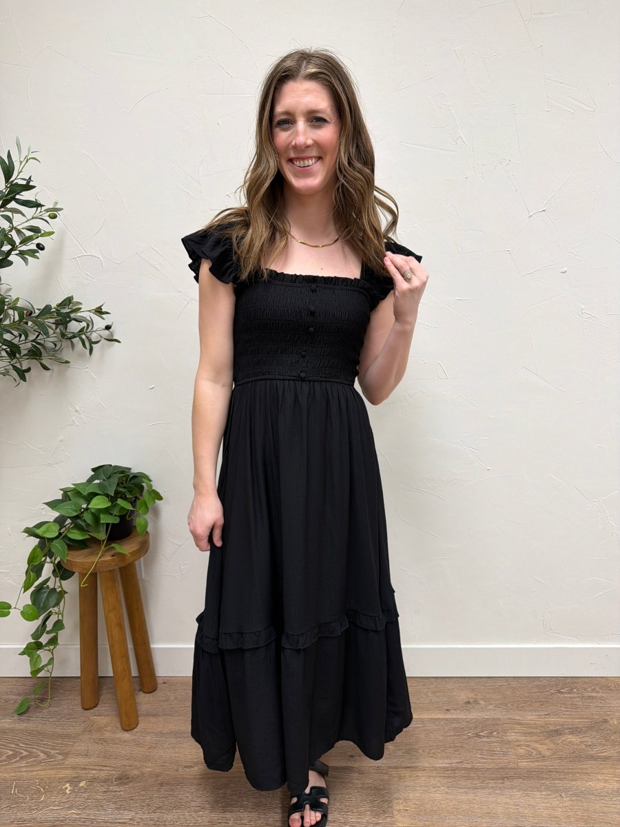 Mock button Down Smocked Ruffle Midi Dress - Three:Twelve Boutique - Blu Pepper