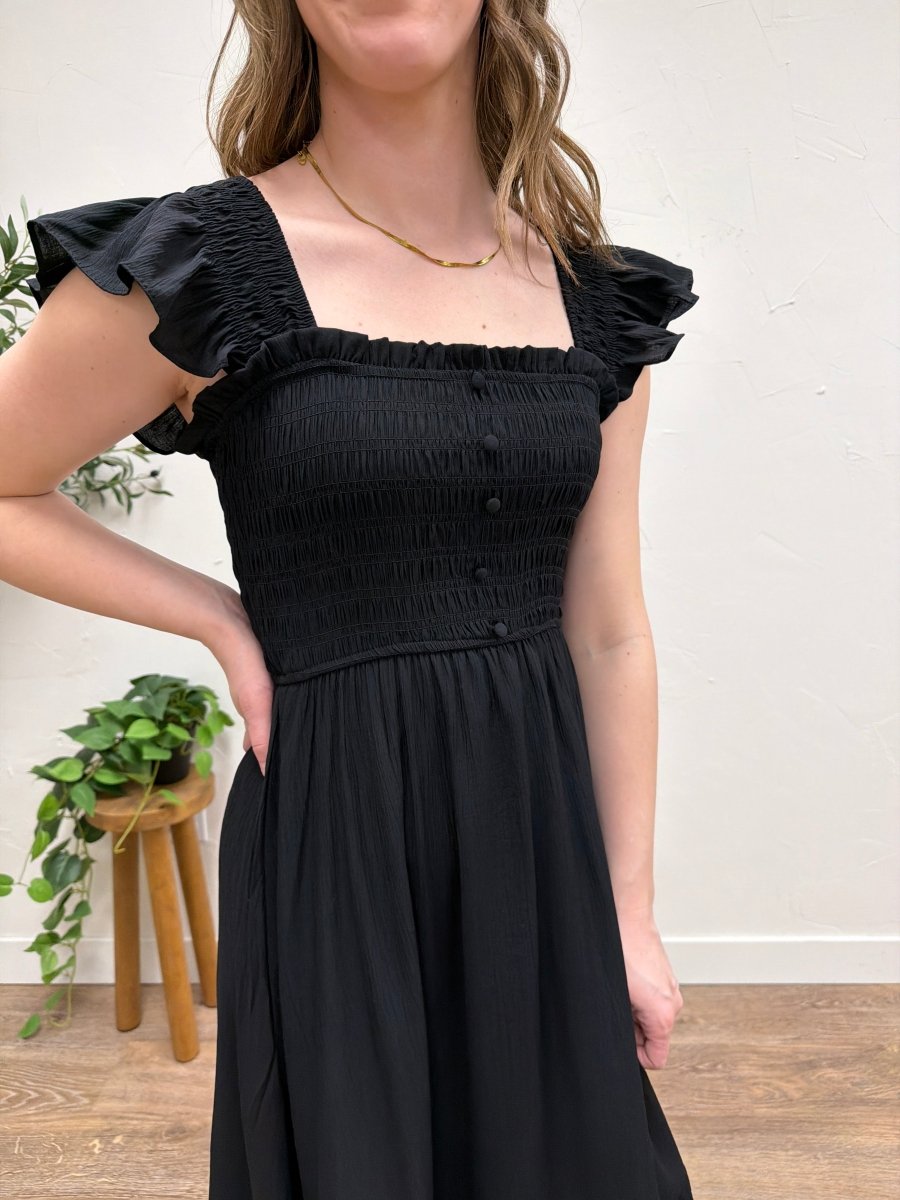 Mock button Down Smocked Ruffle Midi Dress - Three:Twelve Boutique - Blu Pepper