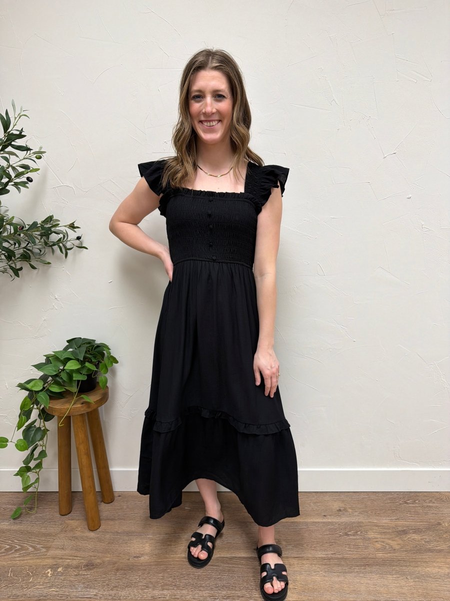 Mock button Down Smocked Ruffle Midi Dress - Three:Twelve Boutique - Blu Pepper