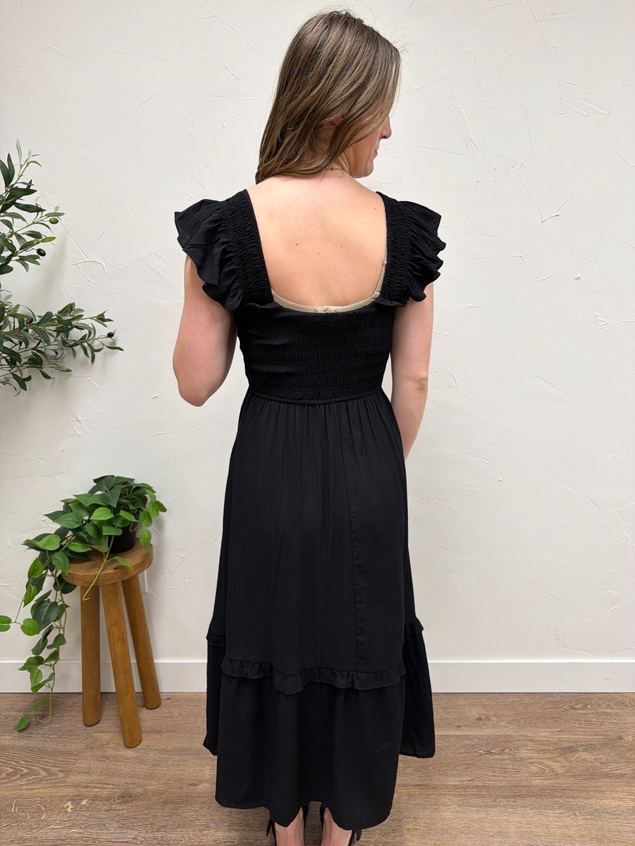 Mock button Down Smocked Ruffle Midi Dress - Three:Twelve Boutique - Blu Pepper