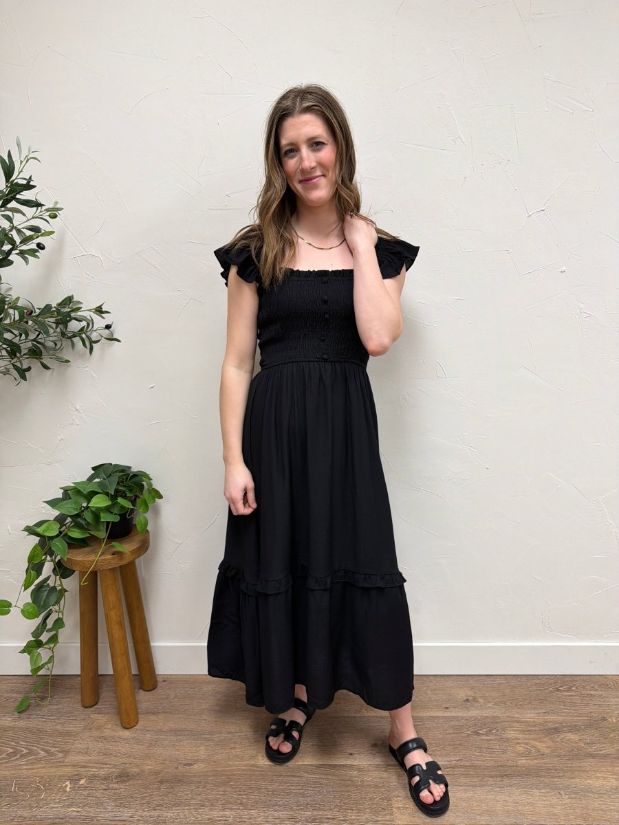 Mock button Down Smocked Ruffle Midi Dress - Three:Twelve Boutique - Blu Pepper