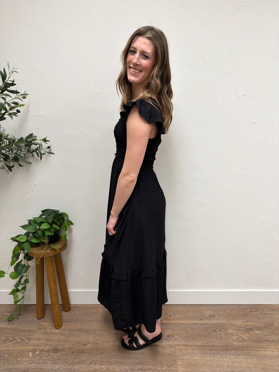 Mock button Down Smocked Ruffle Midi Dress - Three:Twelve Boutique - Blu Pepper