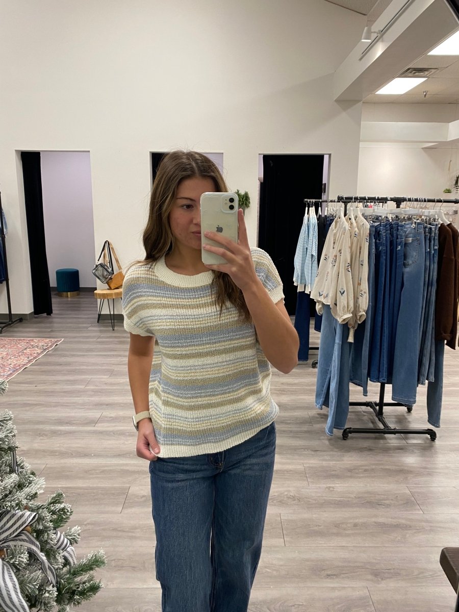 MULTI - COLOR STRIPE SHORT SLEEVE KNIT PULLOVER - Three:Twelve Boutique - Blu Pepper