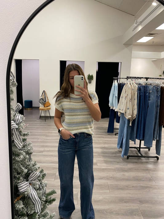 MULTI - COLOR STRIPE SHORT SLEEVE KNIT PULLOVER - Three:Twelve Boutique - Blu Pepper