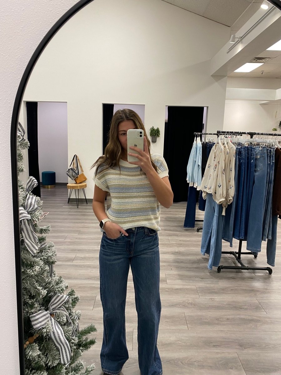 MULTI - COLOR STRIPE SHORT SLEEVE KNIT PULLOVER - Three:Twelve Boutique - Blu Pepper