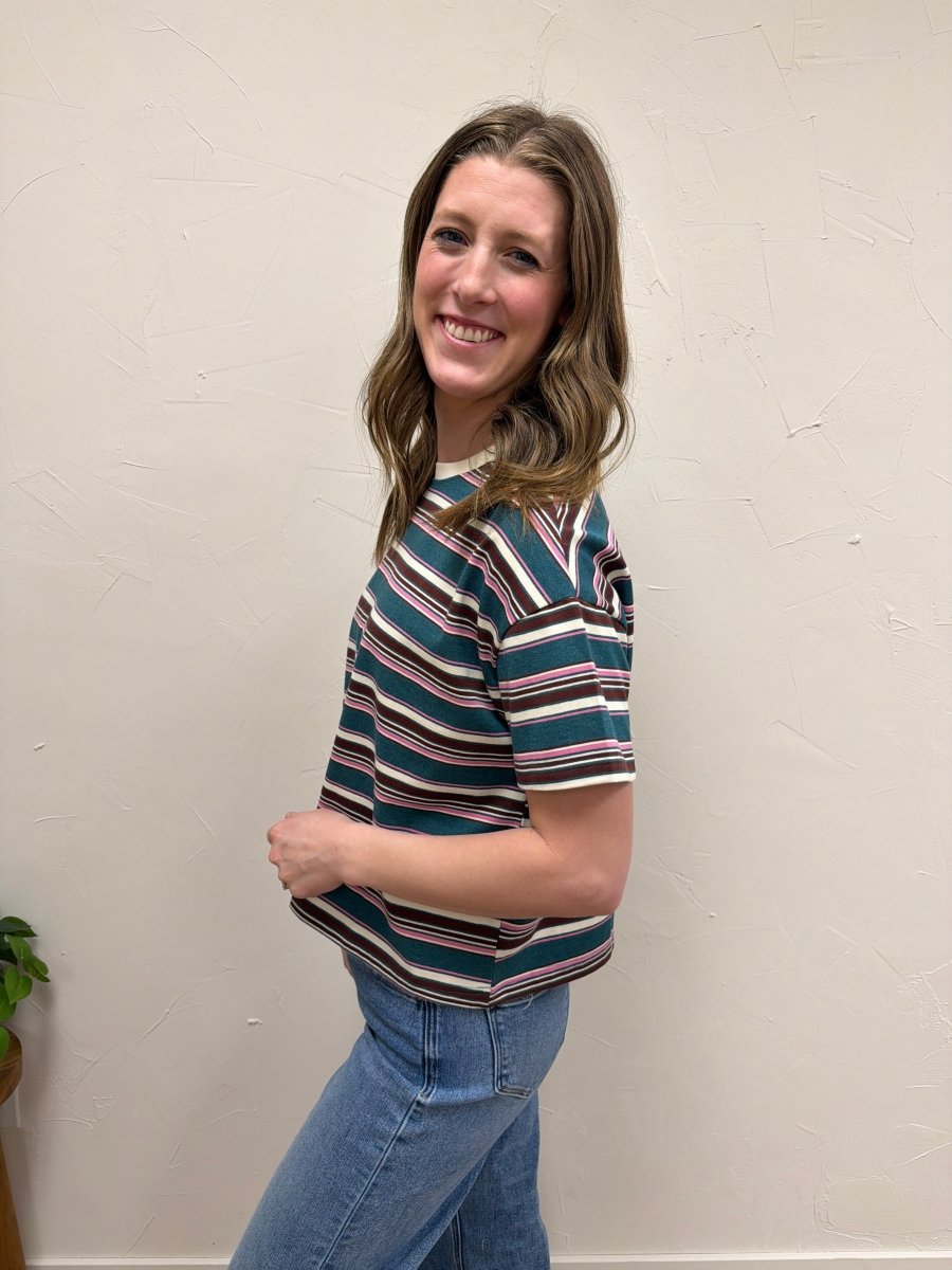 Side view of striped knit tee showing sleeve length and fit — Three:Twelve Boutique