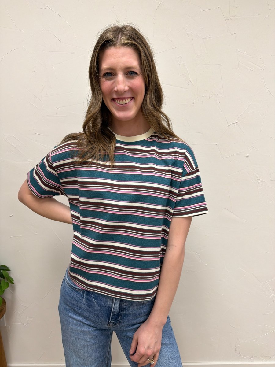 Front view of model wearing multi color striped knit tee showing relaxed fit — Three:Twelve Boutique