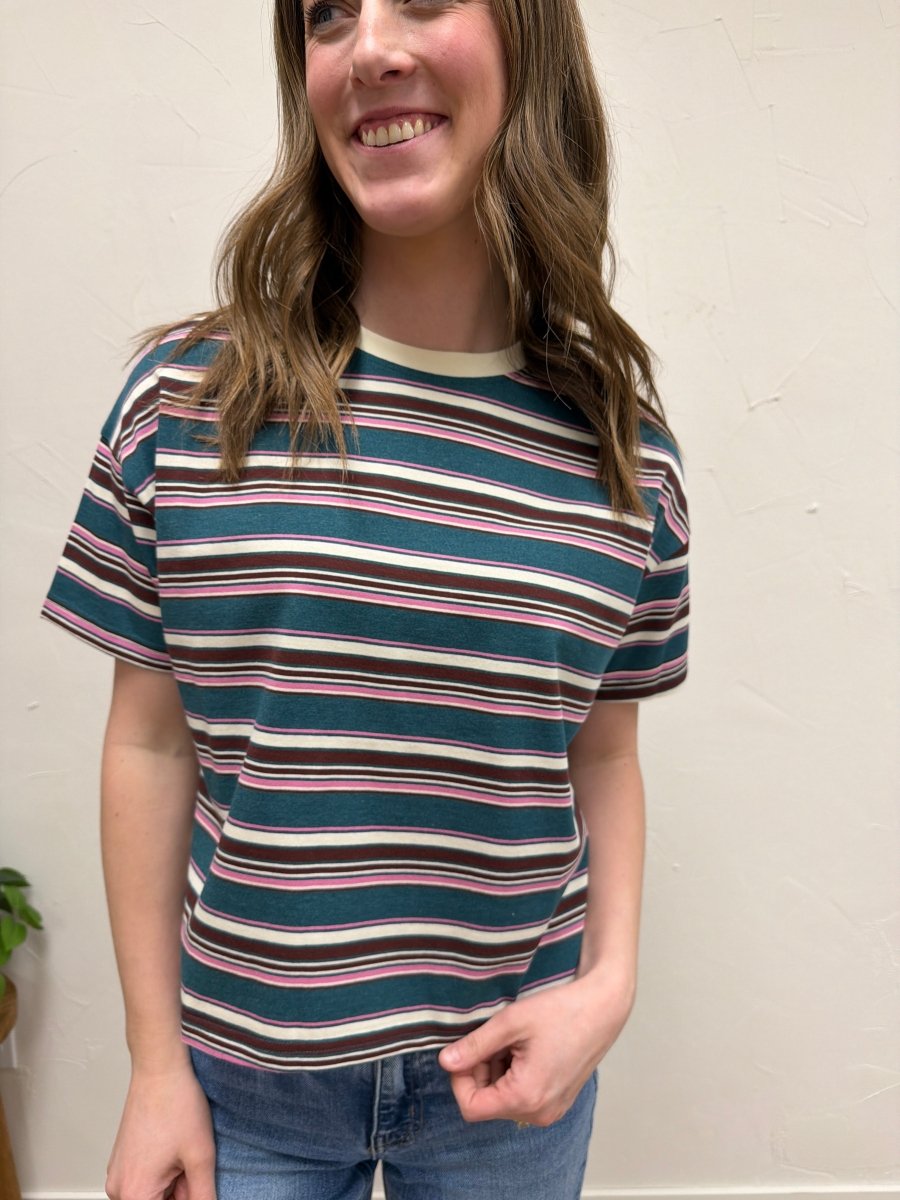 Front view of model wearing multi color striped knit tee showing relaxed fit — Three:Twelve Boutique