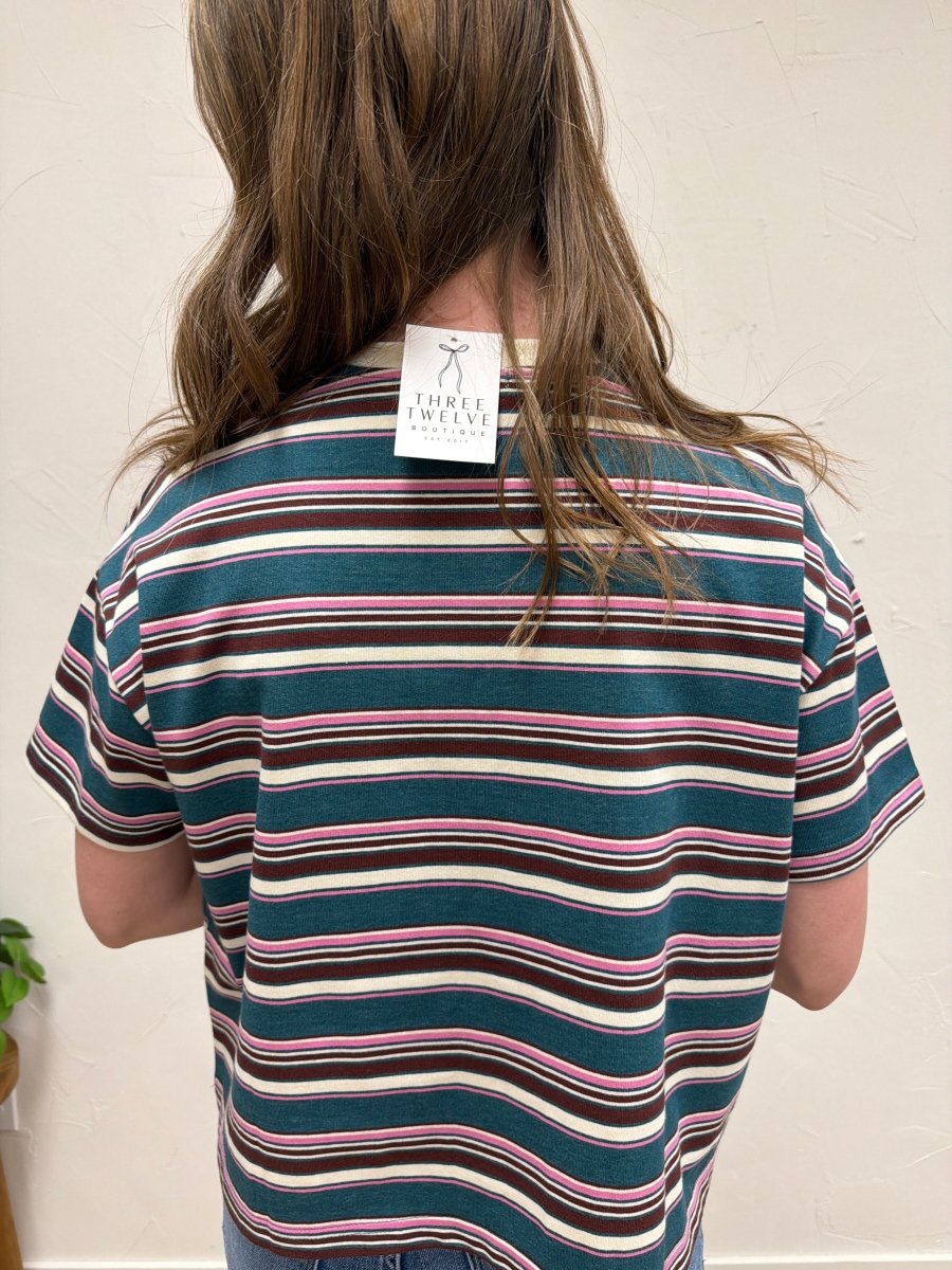 Back view of striped knit tee on model highlighting full coverage — Three:Twelve Boutique