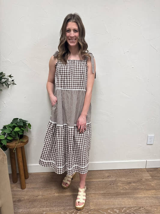Front view of Multi Gingham Tiered Midi Dress on model — Three:Twelve Boutique