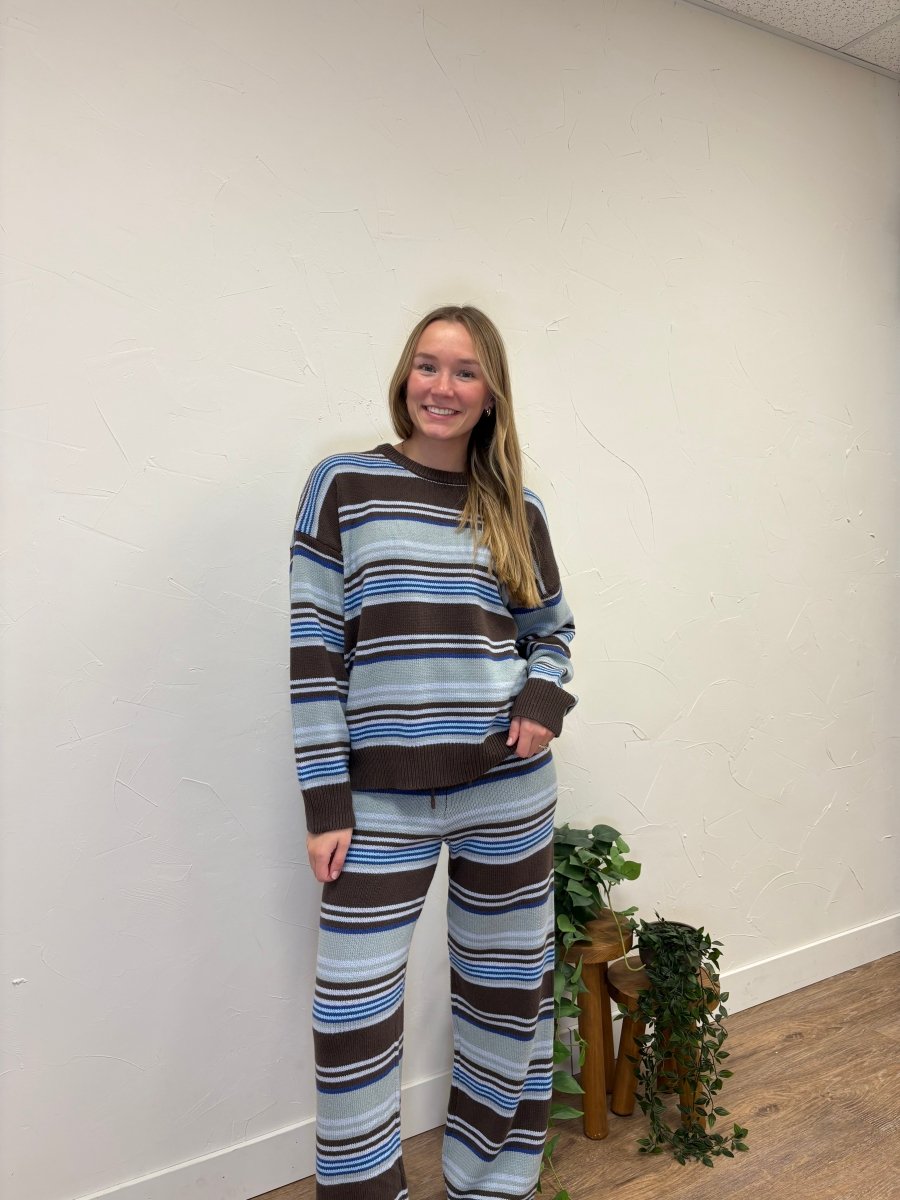 Multi Stripe Crew Neck Sweater and Wide Leg Pant Set - Three:Twelve Boutique - LE LIS