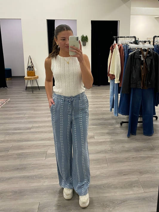 Front view of Natalia Pants on model showing tailored wide leg silhouette — Three:Twelve Boutique