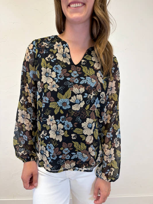 Notch Neck Long Sleeve Floral Top - Three:Twelve Boutique - Gilli