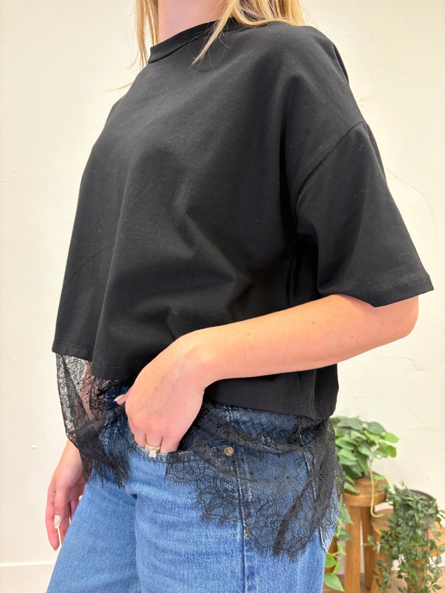 Oversized Lace Hem Short Sleeve Top - Three:Twelve Boutique - Sunday Edition by LE LIS