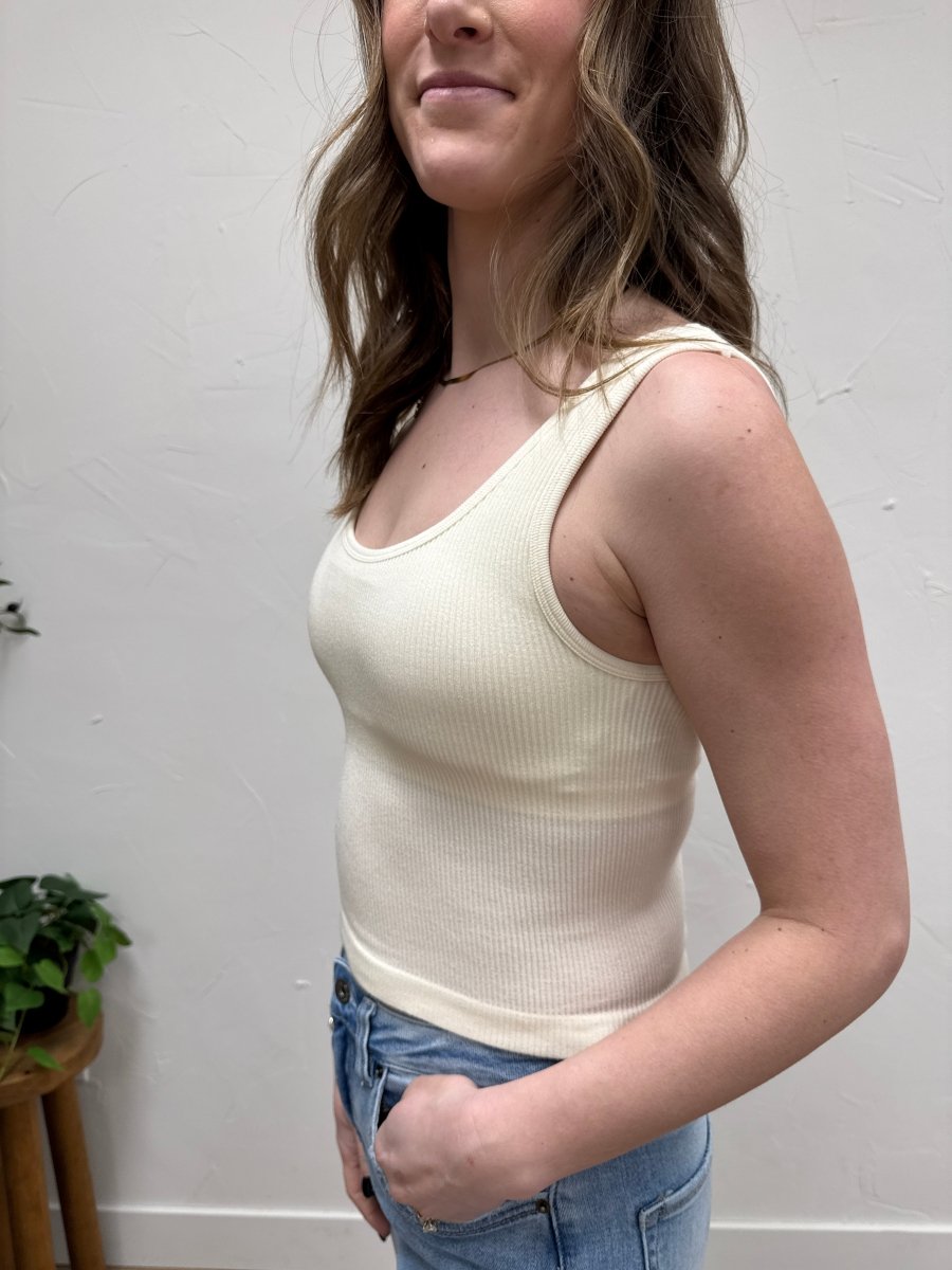 Side angle view of ribbed tank top showing neckline and fit — Three:Twelve Boutique