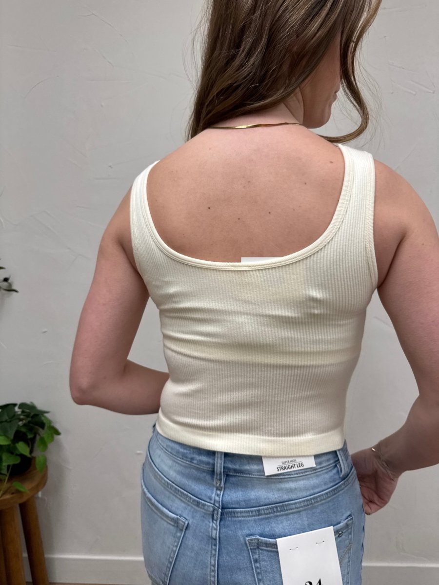 Back view of padded ribbed tank top on model showing clean finish — Three:Twelve Boutique