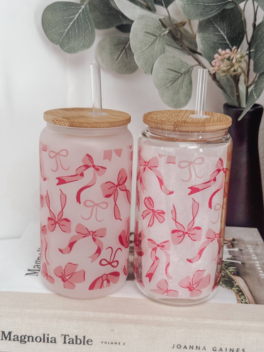 Pink Bows 2 16oz Glass Cup with Bamboo Lid: Clear - Three:Twelve Boutique - Emma K Designs