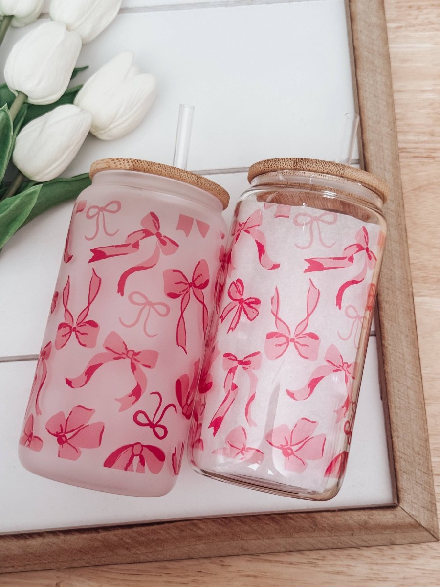 Pink Bows 2 16oz Glass Cup with Bamboo Lid: Clear - Three:Twelve Boutique - Emma K Designs