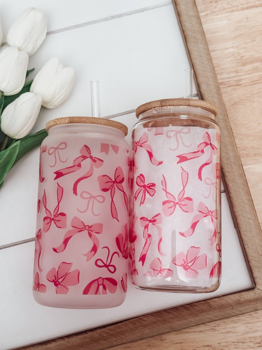 Pink Bows 2 16oz Glass Cup with Bamboo Lid: Clear - Three:Twelve Boutique - Emma K Designs