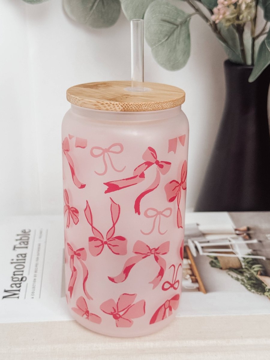 Pink Bows 2 16oz Glass Cup with Bamboo Lid: Clear - Three:Twelve Boutique - Emma K Designs