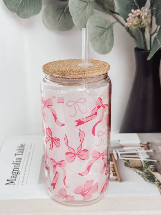 Pink Bows 2 16oz Glass Cup with Bamboo Lid: Clear - Three:Twelve Boutique - Emma K Designs