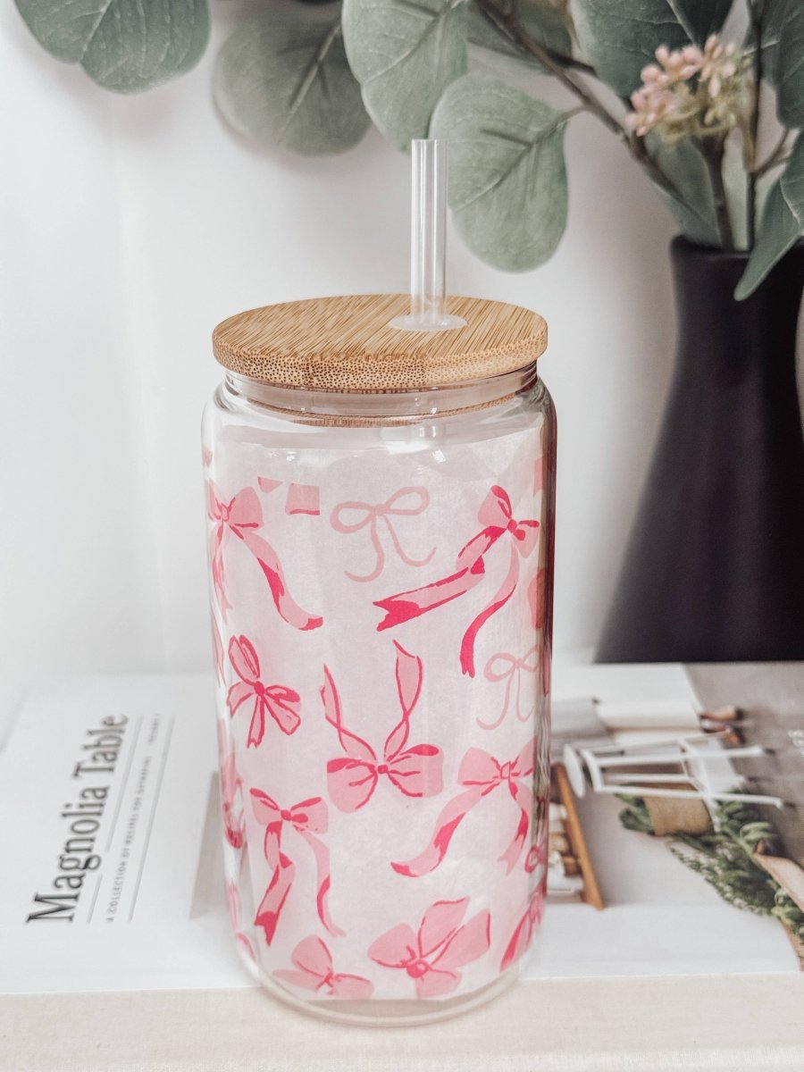 Pink Bows 2 16oz Glass Cup with Bamboo Lid: Clear - Three:Twelve Boutique - Emma K Designs