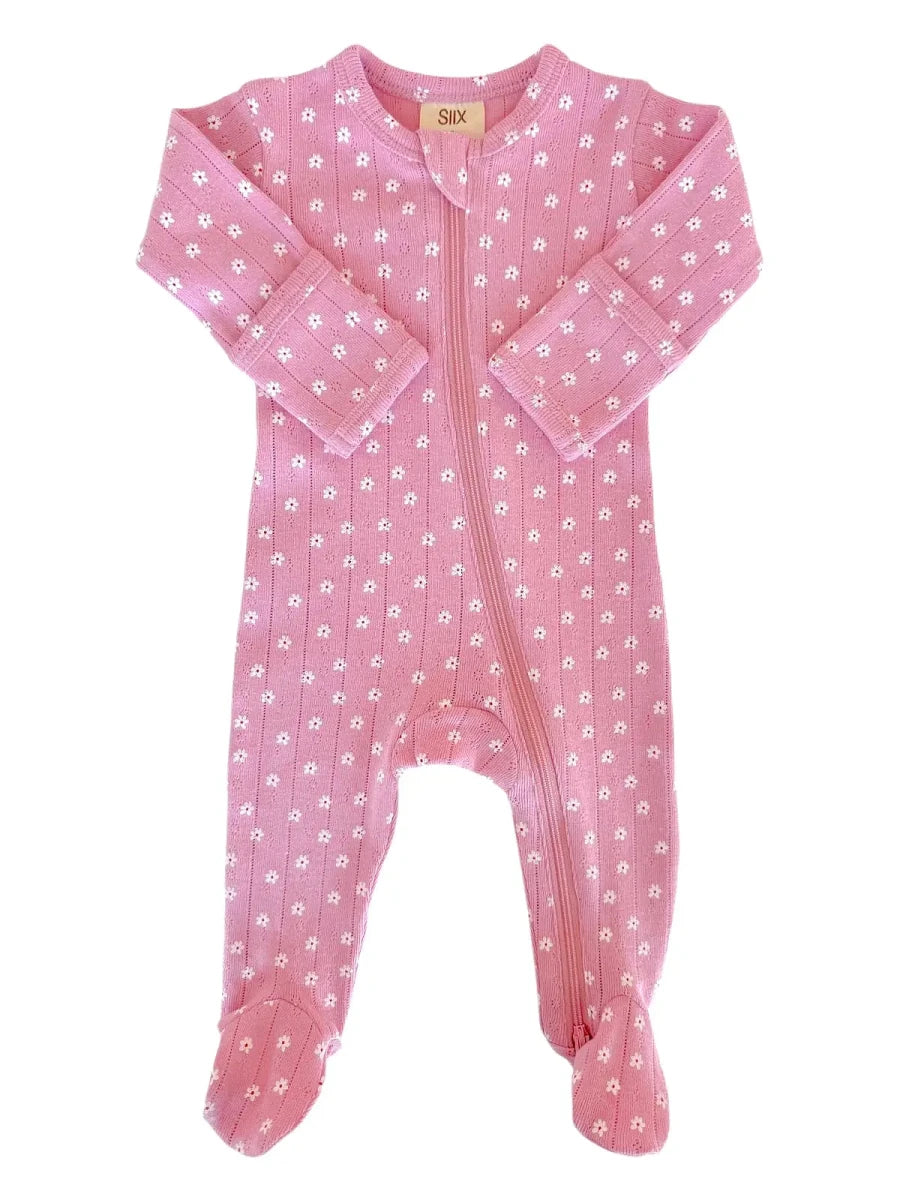 Pink Flower / Organic Pointelle 2-Way Zip Footie - Three:Twelve Boutique - SIIX COLLECTION