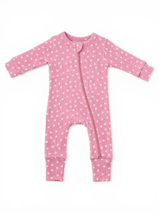 Pink Flower / Organic Pointelle 2-Way Zip Romper - Three:Twelve Boutique - Three:Twelve Boutique