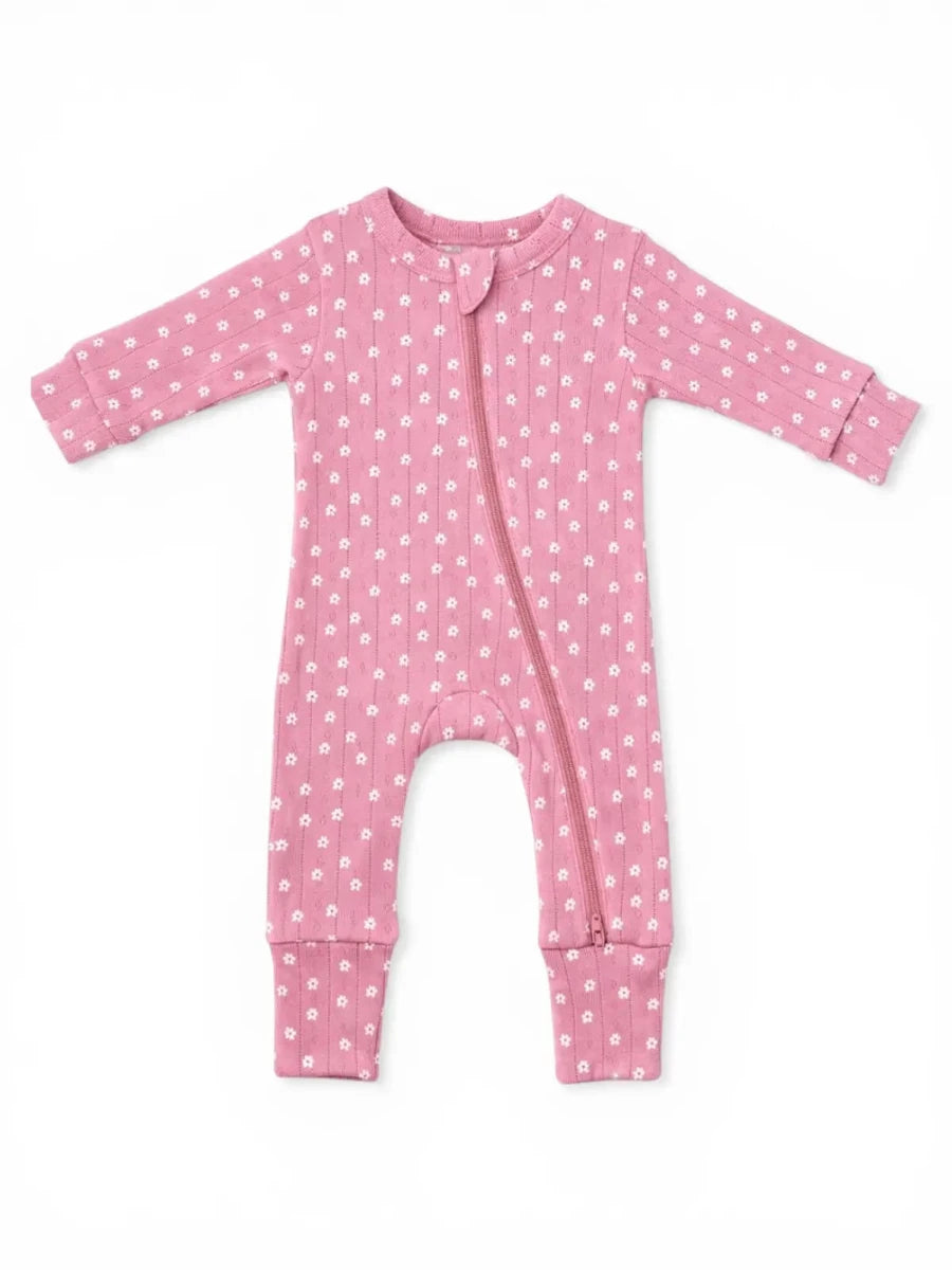 Pink Flower / Organic Pointelle 2-Way Zip Romper - Three:Twelve Boutique - Three:Twelve Boutique