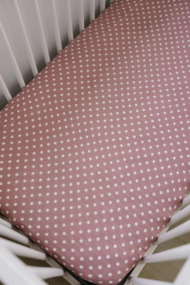 Pink polka dot muslin crib sheet - Three:Twelve Boutique - Mebie Baby