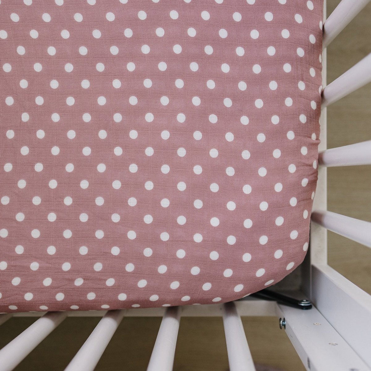 Pink polka dot muslin crib sheet - Three:Twelve Boutique - Mebie Baby