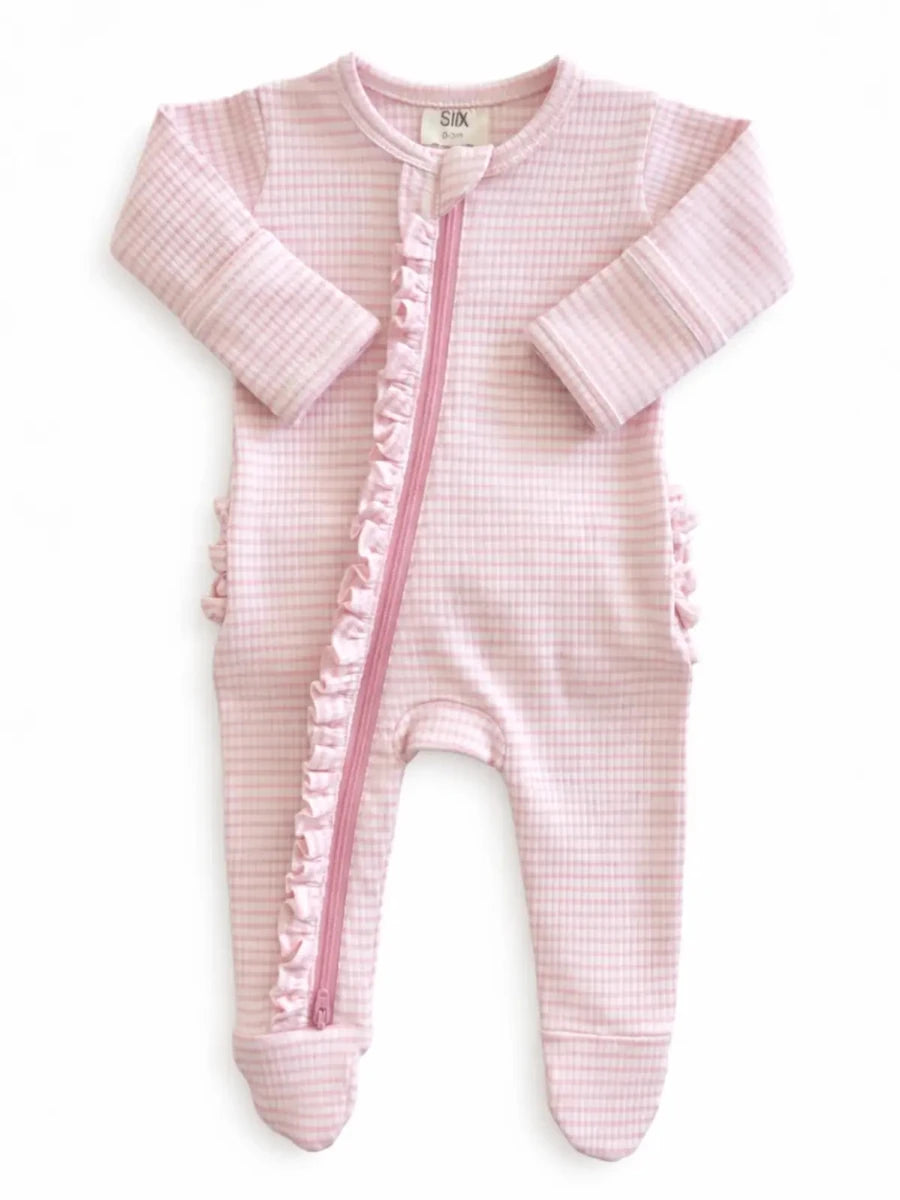 Pink Stripe / Ribbed Frill 2-Way Zip Footie - Three:Twelve Boutique - SIIX COLLECTION
