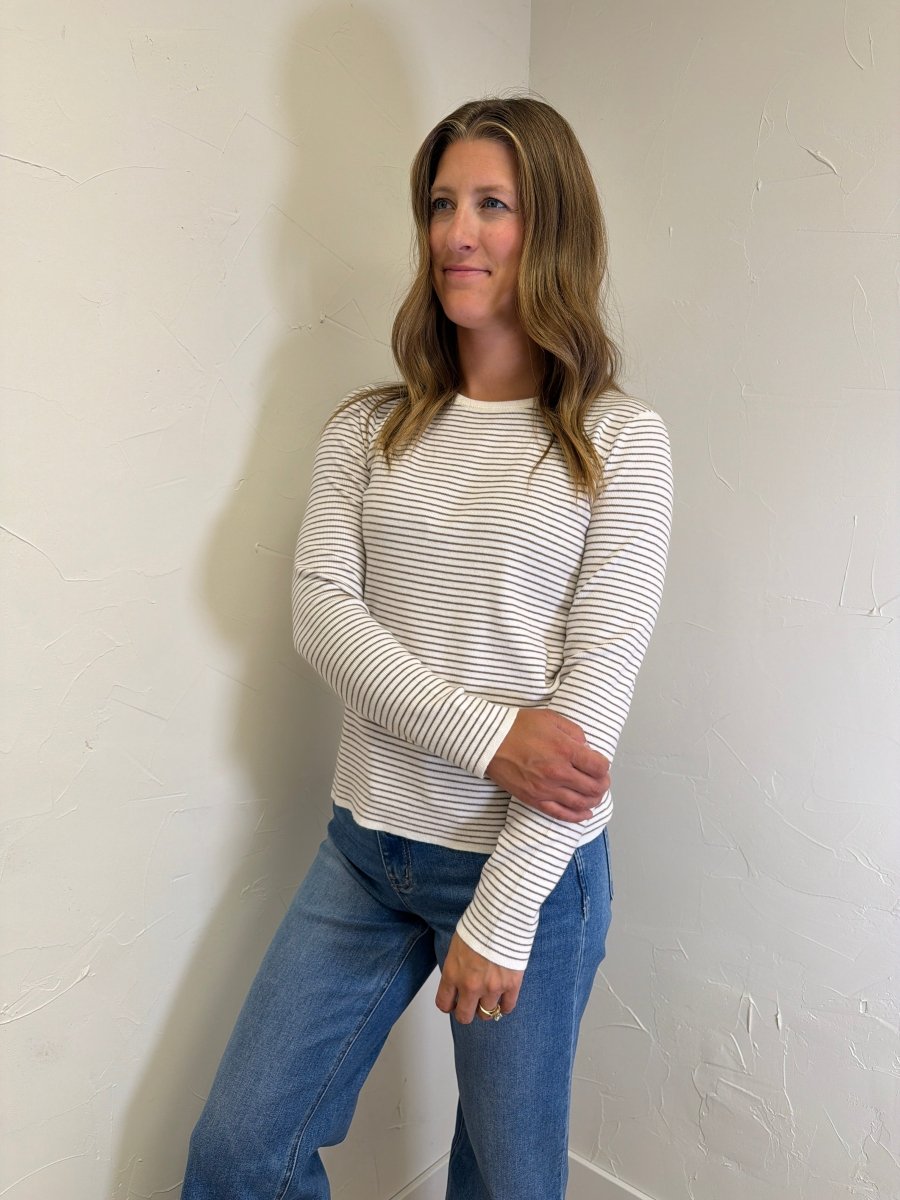 PINSTRIPE BASIC CREW SWEATER - Three:Twelve Boutique - Staccato