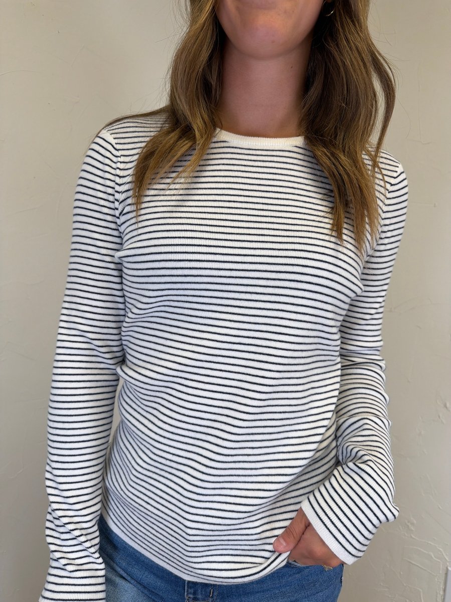PINSTRIPE BASIC CREW SWEATER - Three:Twelve Boutique - Staccato