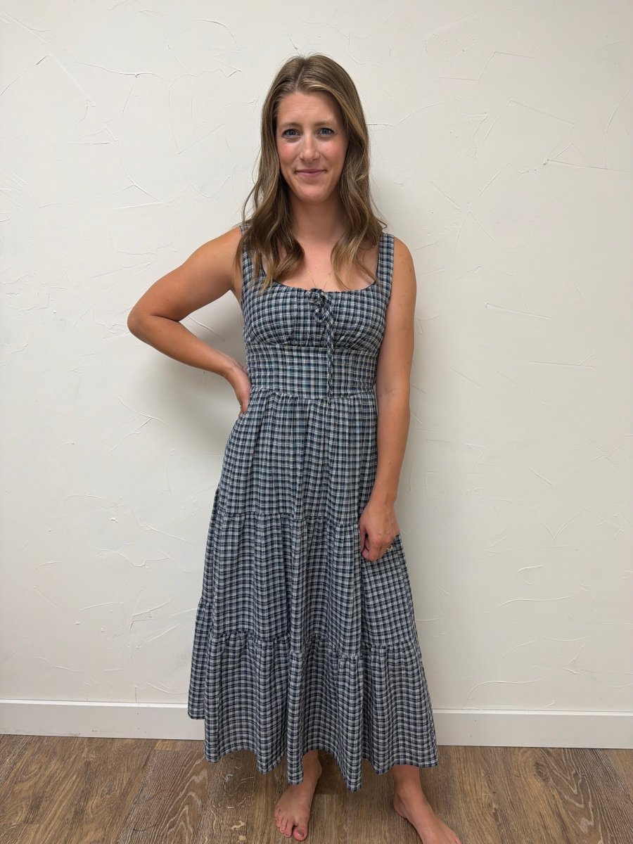 Plaid Front Tie Corset Detail Midi Dress - Three:Twelve Boutique - Blu Pepper