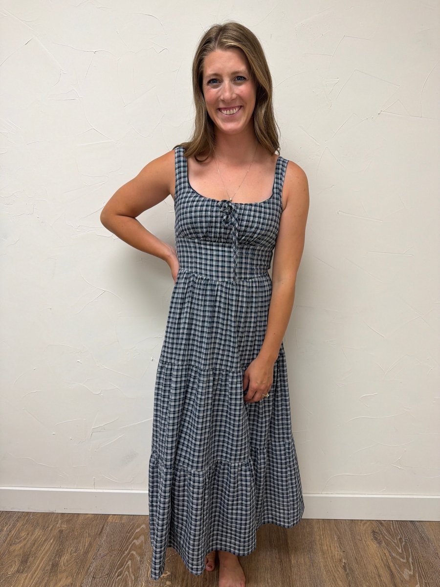 Plaid Front Tie Corset Detail Midi Dress - Three:Twelve Boutique - Blu Pepper