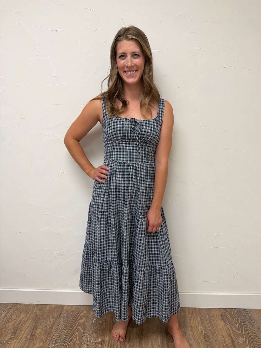 Plaid Front Tie Corset Detail Midi Dress - Three:Twelve Boutique - Blu Pepper