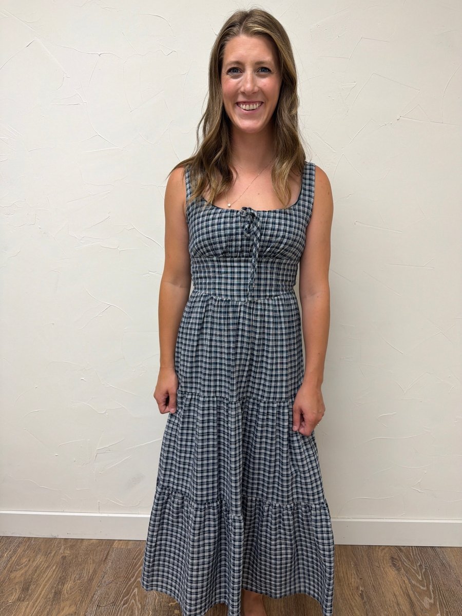 Plaid Front Tie Corset Detail Midi Dress - Three:Twelve Boutique - Blu Pepper