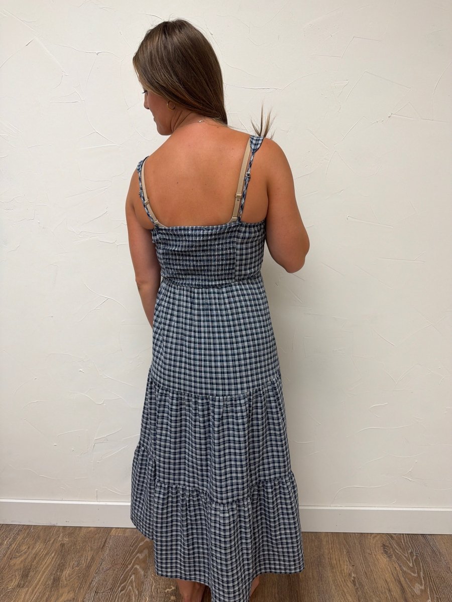 Plaid Front Tie Corset Detail Midi Dress - Three:Twelve Boutique - Blu Pepper