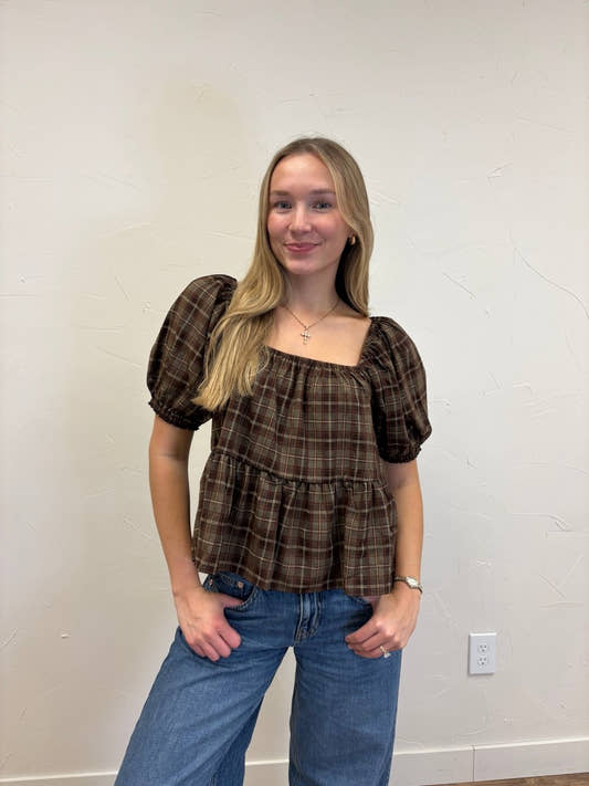 Plaid Square Neck Puff Sleeve Peplum Top - Three:Twelve Boutique - Wishlist